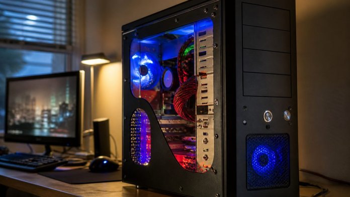 Komputer z oknem i podświetleniem Komputer z oknem w bocznej ściance i kolorowym podświetleniem RGB