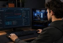 Overclocking – historia polskiej sceny i poradnik na dziś Entuzjasta komputerów ustawia BIOS podczas podkręcania procesora i karty graficznej